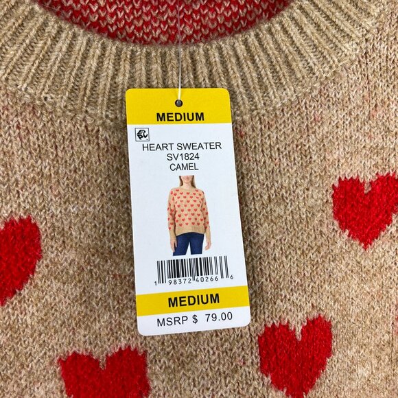 NWT Vince Camuto Crew Neck Sweater Heart Red Tan Size Medium $79 Long Sleeve - Picture 4 of 7